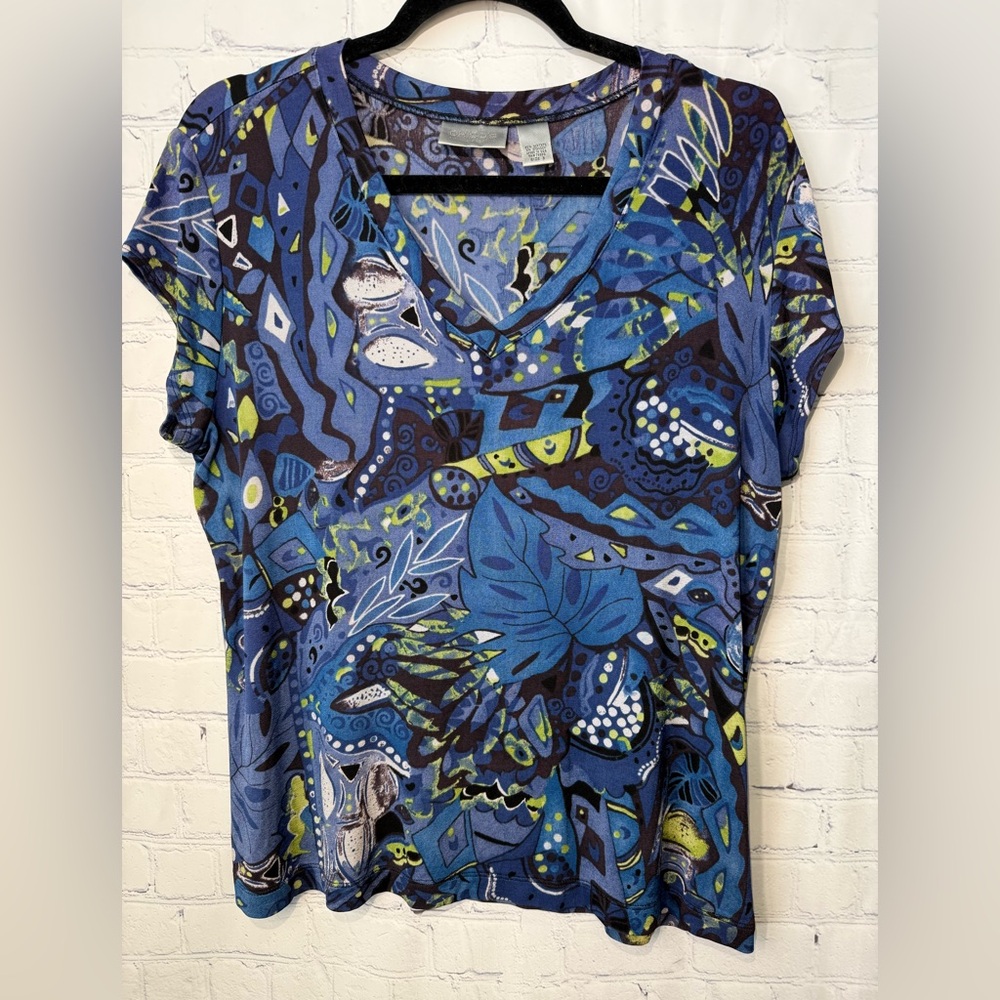 Travelers by Chico’s abstract short sleeve v-neck pullover top size 3/large - Picture 1 of 5
